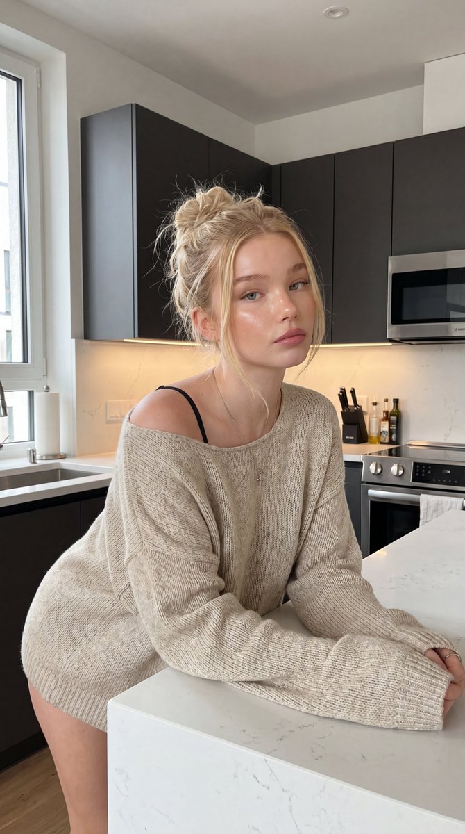 Ultra-realistic lifestyle portrait of a {argument name="subject" default="young blonde woman"} leaning casually against…