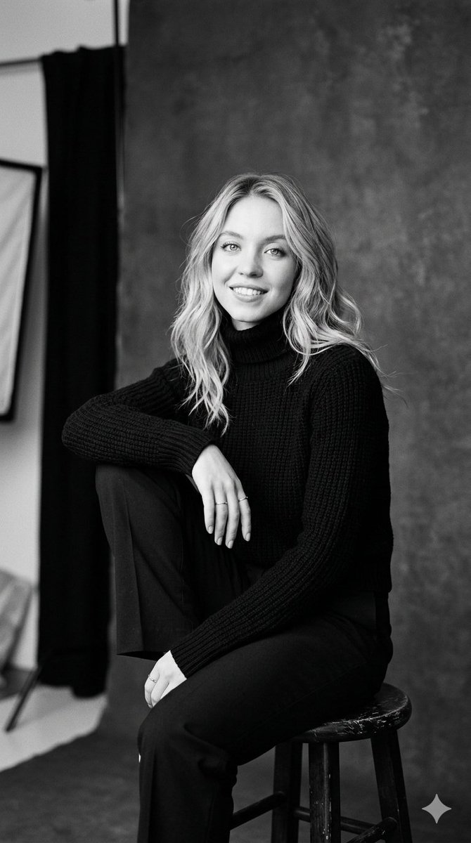 A vertical, black and white studio portrait of {argument name="subject" default="Sydney Sweeney"}, captured in a classi…