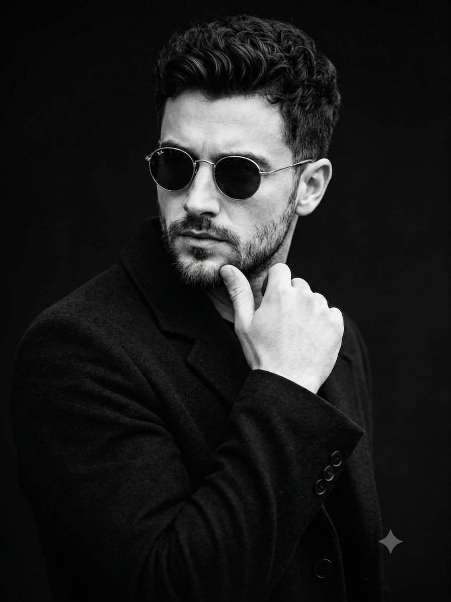 A dramatic, high-contrast black and white portrait of a {argument name="subject" default="handsome man"} with short, wa…