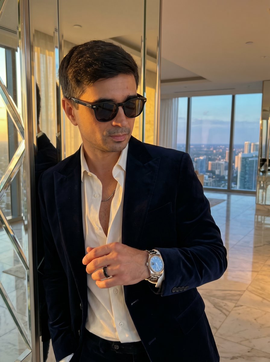 In the penthouse: Ultra-realistic 4K close-up of a stylish man (same face), wearing a {argument name="outfit" default="…