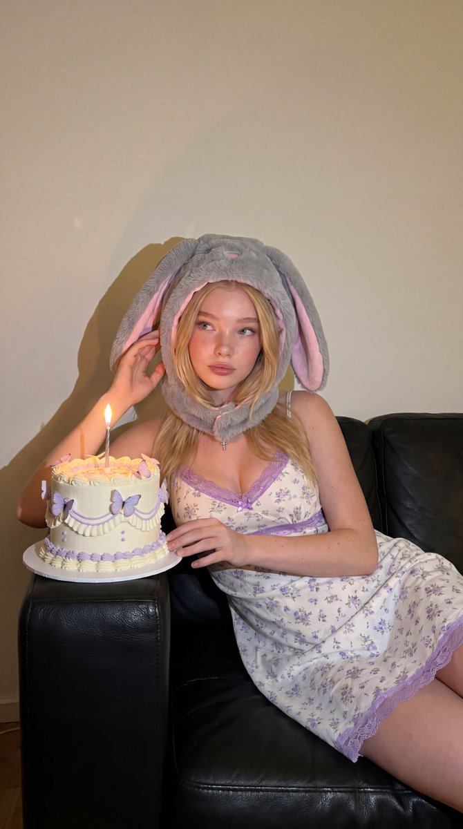 Ultra-realistic whimsical birthday portrait of a young blonde woman kneeling on a black leather sofa in a dimly lit coz…
