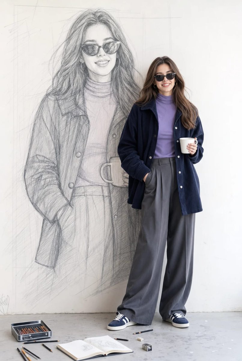 A real young woman smiling, wearing {argument name="outfit" default="lavender turtleneck top, oversized navy blue cordu…