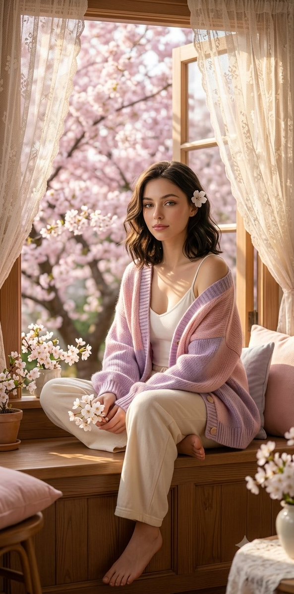 Ultra-realistic spring morning portrait of a {argument name="subject" default="beautiful young woman"} sitting barefoot…