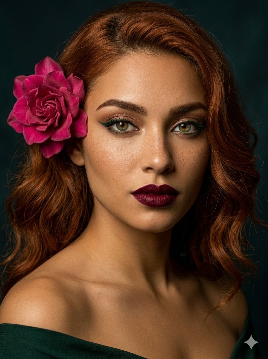 A close-up studio portrait of a beautiful woman with striking {argument name="eye color" default="hazel-green eyes"} an…