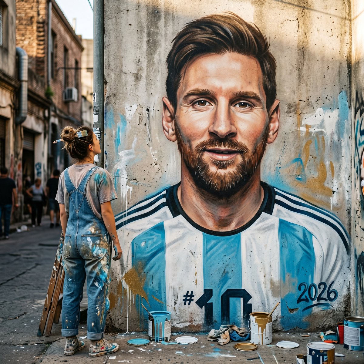 "THE DEVOTED" (Finished {argument name="player" default="Messi"} Mural + Artist) Aspect ratio: 1:1 (square) A hyper-rea…
