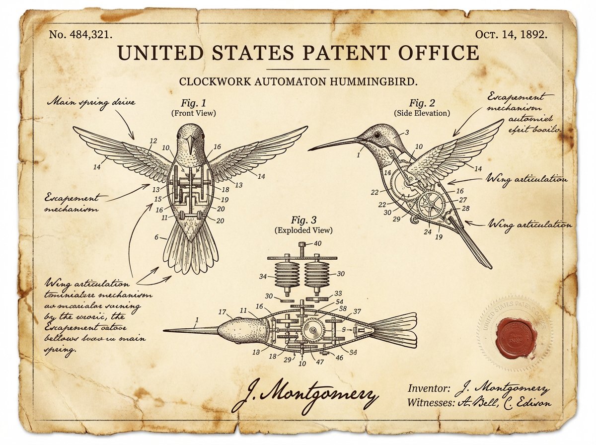 A vintage patent document for {argument name="invention" default="INVENTION"}, styled after late 1800s United States Pa…
